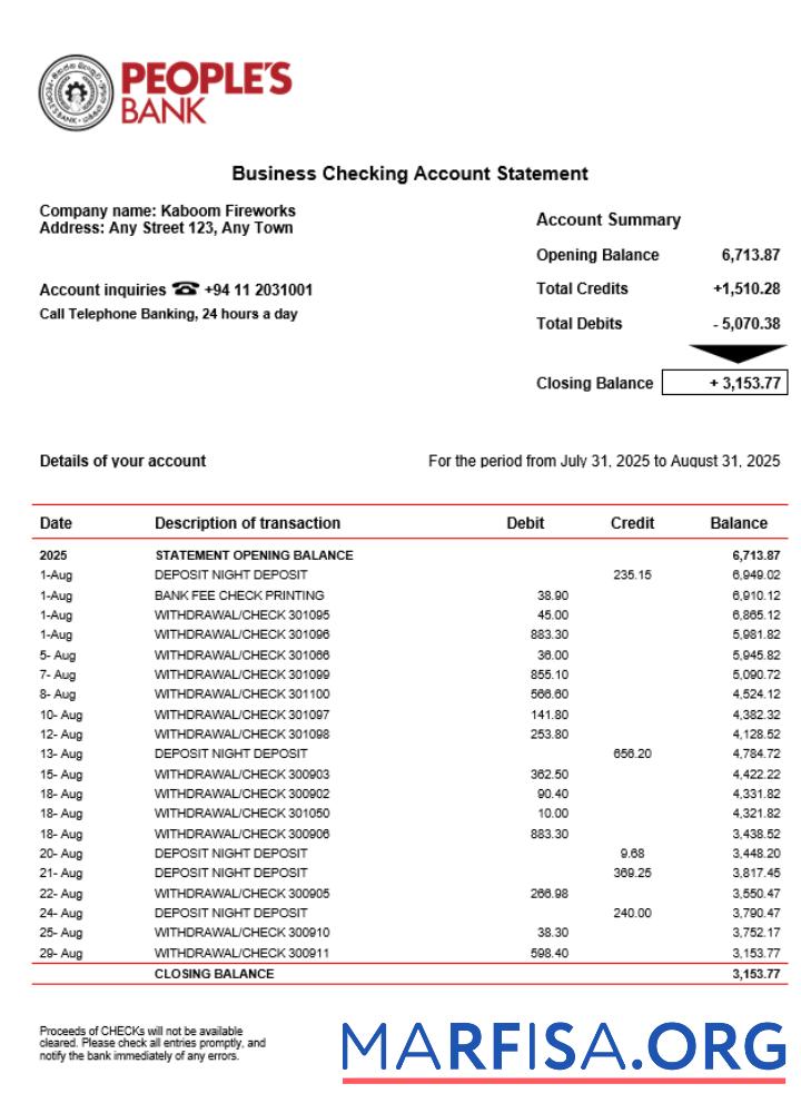 Printable Sri Lanka People’s Bank company checking account statement Word and PDF template